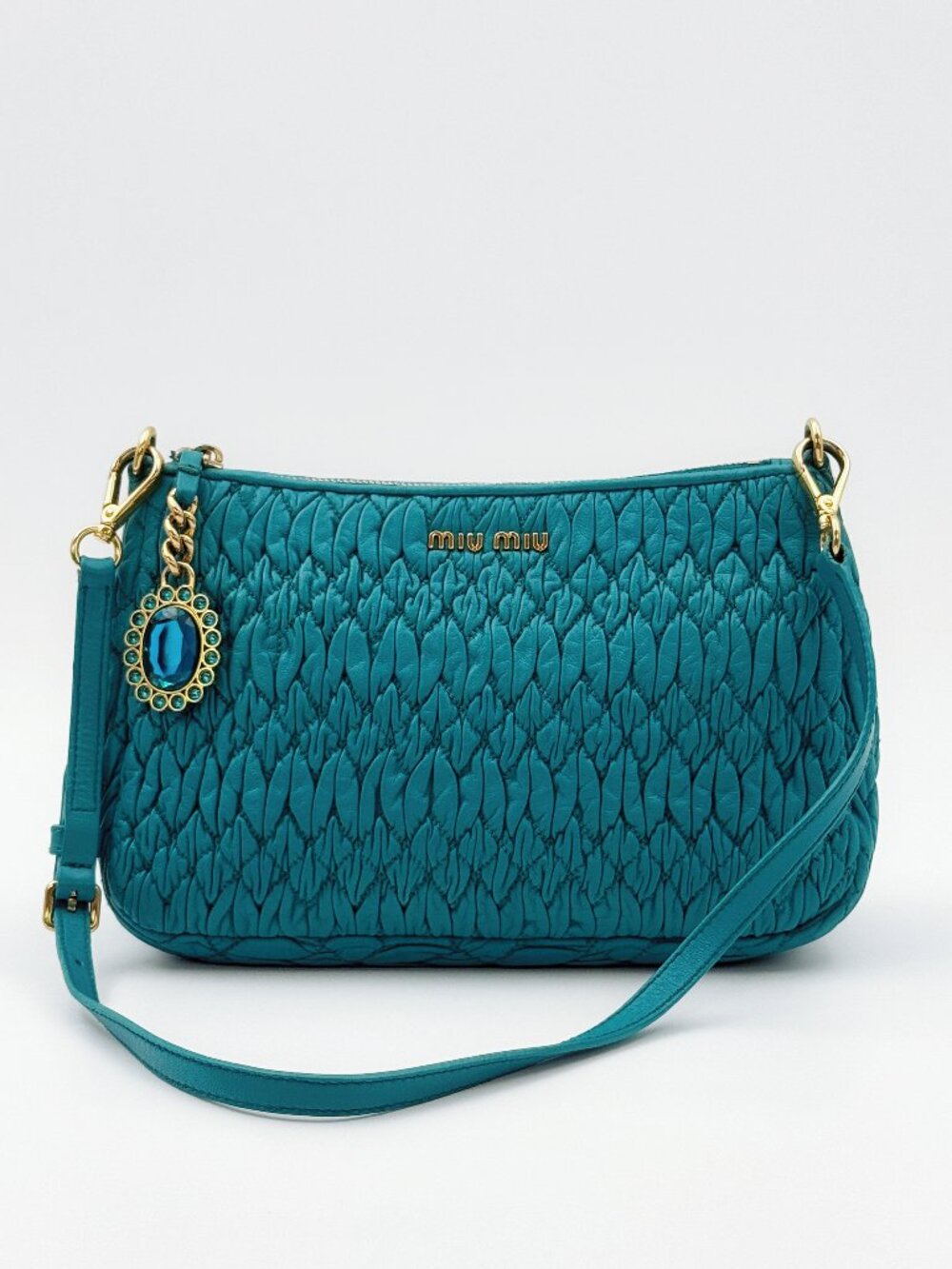 Miu Miu Matelasse Teal Leather Shoulder Bag Gold Hardware